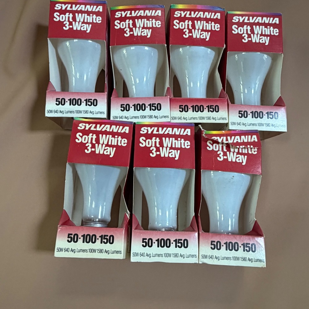 7 Sylvania Soft White 3-Way Light Bulbs 50-100-150W Vintage NOS Made in USA